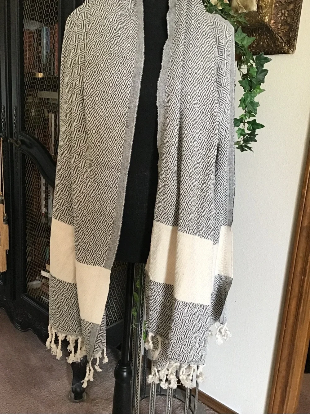 Cream and Black Geometric Fringe Towel